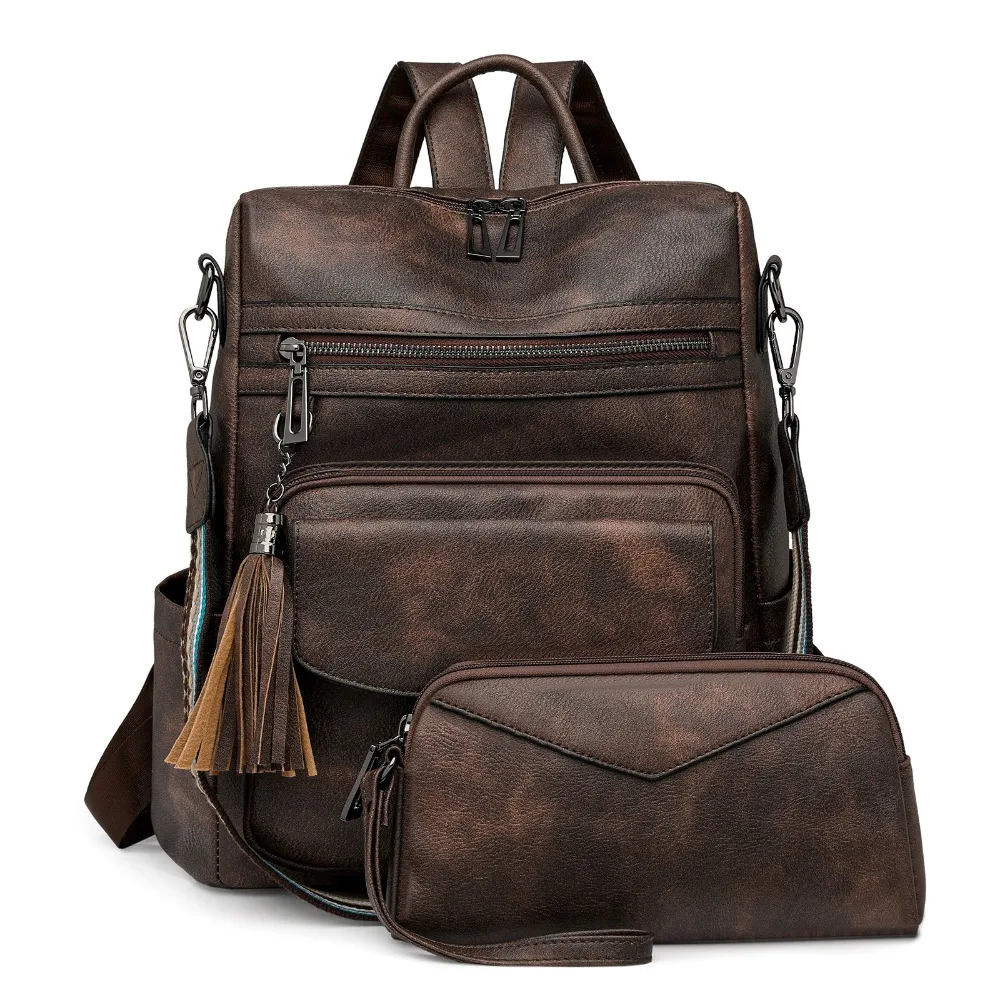 PU Leather Backpack Purse Waterproof Large Ladies Shoulder Bags Anti-Theft With Tassel Detail Satchel Bag For College Travel