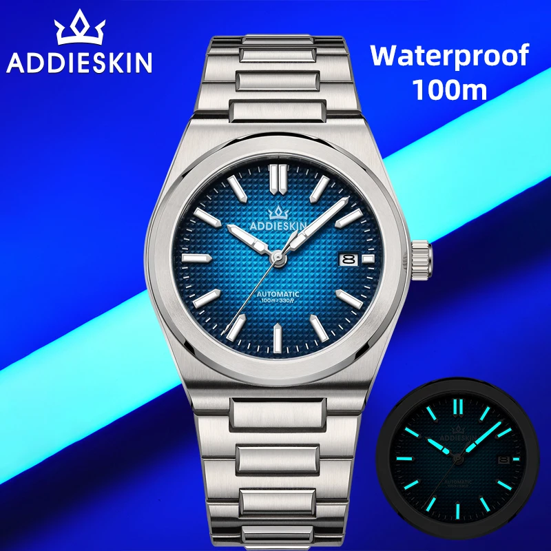 AddiesKin See-through Caseback Mens Automatic Watch 10ATM Waterproof BGW9 Lumious Watches for Men Stainless Steel Sapphire Glass