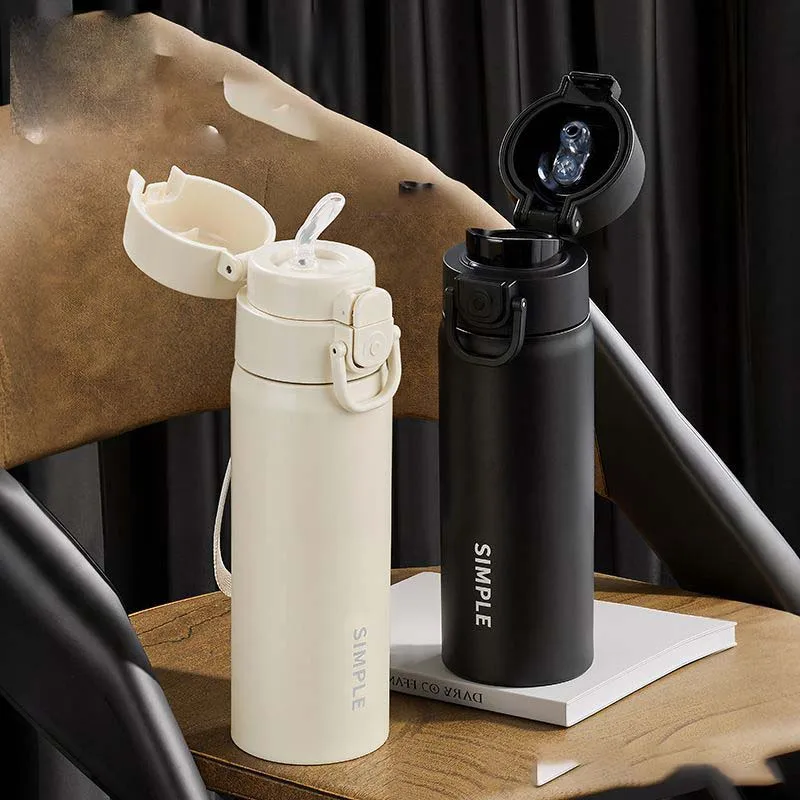 500ML 304 Stainless Steel Thermos Bottle One Click Open Flip Lid Vacuum Insulated Water Flask Simple Style Travel Drinking Cup