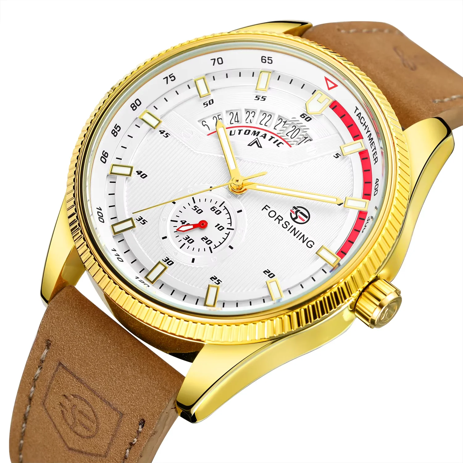 FORSINING Gold Watch Simple pin scale mechanical watch Gear Circular calendar Brown belt Wrist watch Alloy mechanical watch
