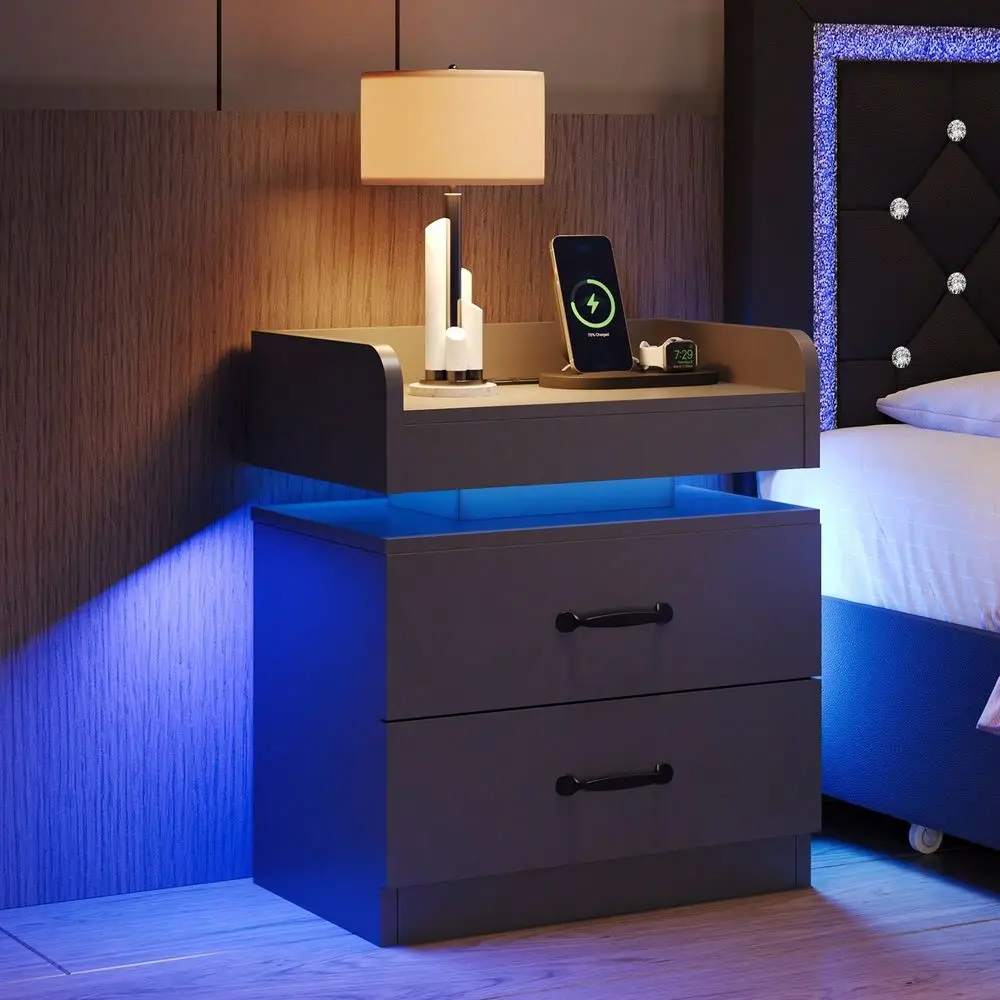 

Nightstand With Drawers, LED Night Stand With Charging Station, Bedside Table For Bedroom, Modern Night Stand With 2 Wood Drawe