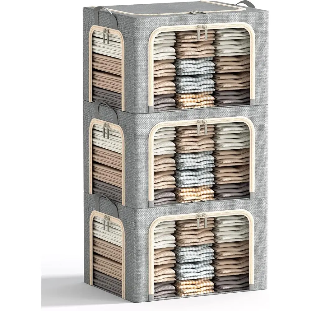 

3 больших складных контейнера для хранения одежды с металлическим каркасом, контейнеры для хранения одежды с крышкой, льняные