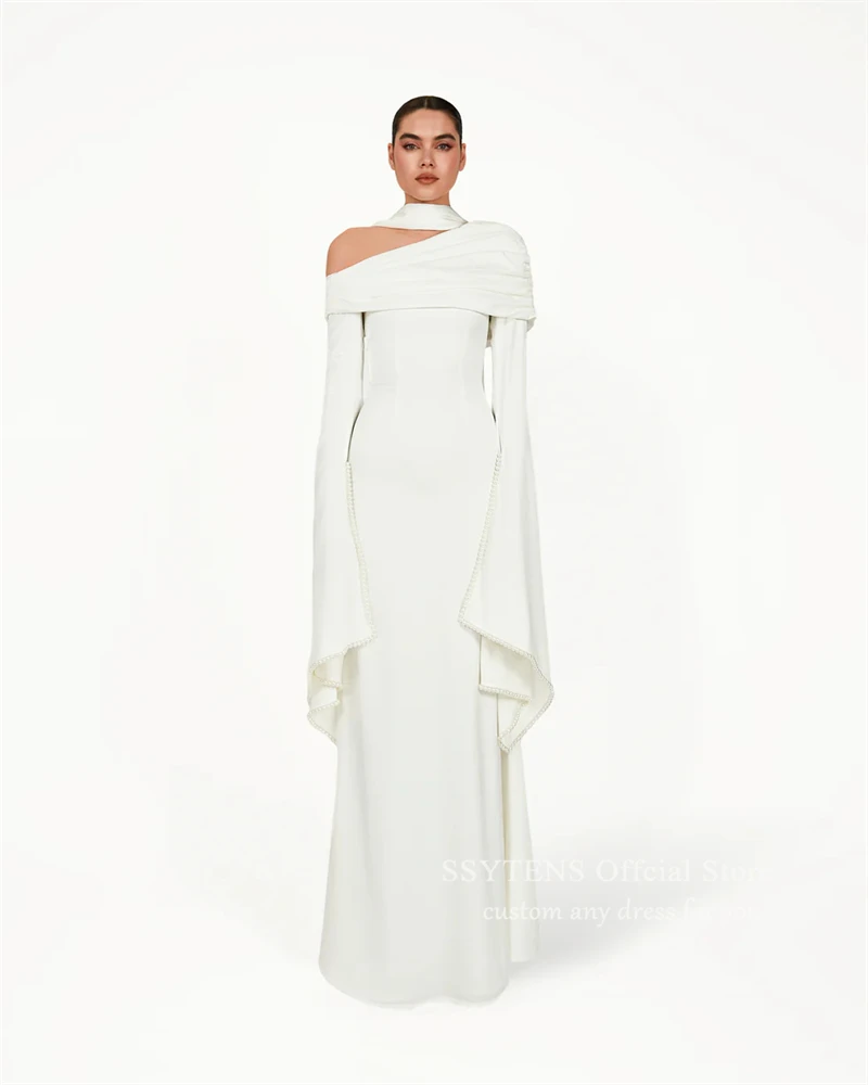 SSYTENS Modest Ivory Wedding Dresses Long Sleeves Formal Prom Gowns One Shoulder Pearls Elegant Wedding Party Dresses Customized