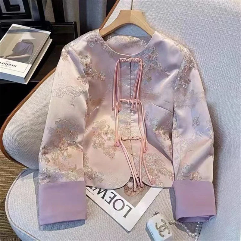 Women's Jackets Women's Jacket  Plum Blossom Women's Spring Fashion Coat Round Neck EmbroideryBuckle Jacquard Retro Loose coat