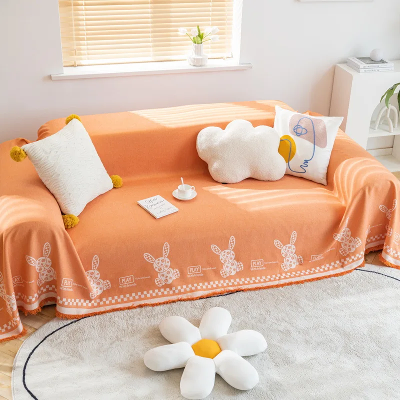 Cotton Linen Sofa Towel Cover Cartoon Bear Rabbit Couch Towel Universal for Seasons Non-slip Couch Dust Proof Decorative Blanket