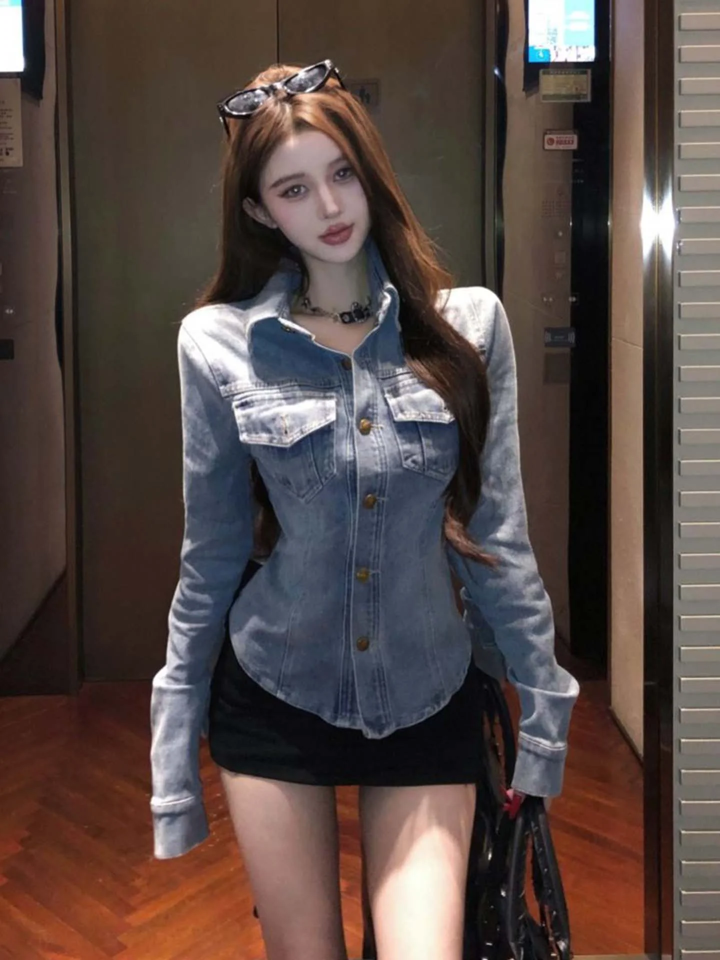 미국 슬림핏 칼라 롱 슬리브 데님 셔츠 여성용 허리 조임 자켓 슬림 오픈 가디건 탑