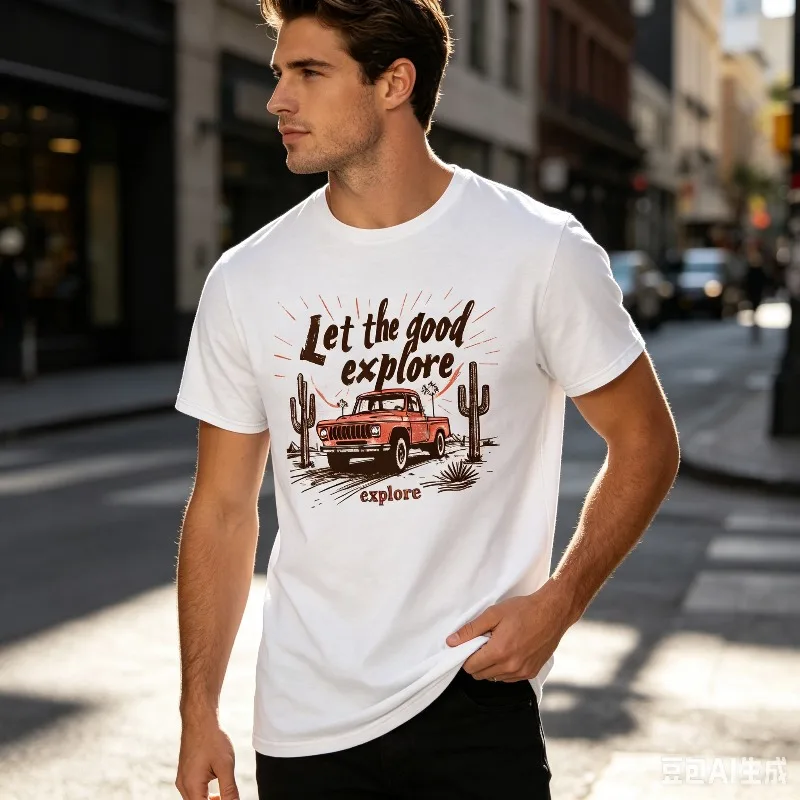 Desert Truck Explore T-Shirt for Men Vintage Off Road Cactus Print Casual Streetwear Basic Short Sleeve Tee