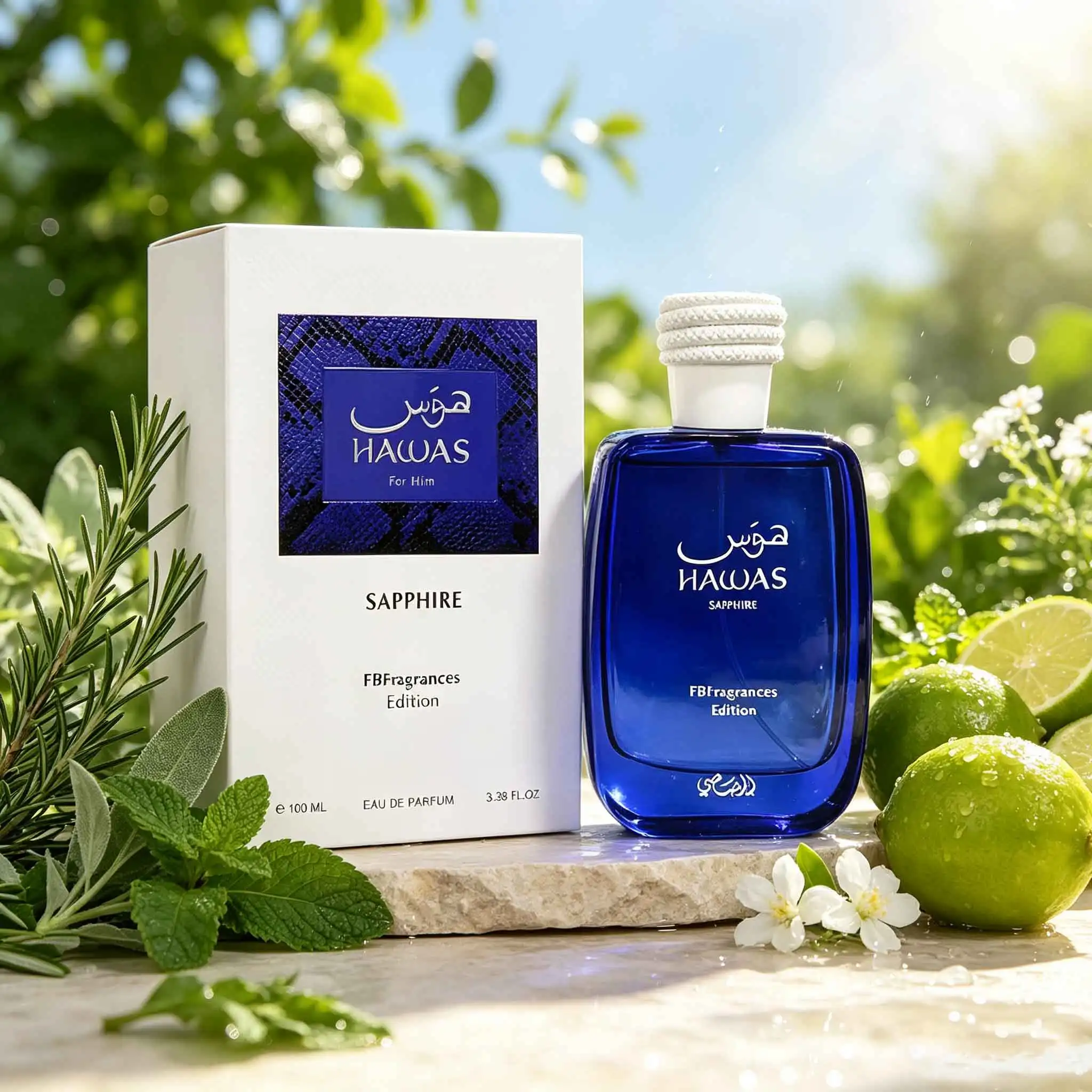 Hawas Sapphire For Him Perfume 100Ml, Crisp Aquatic Note Blends Fresh Mint And Citrus, Pineapple Adds Sweet Touch, Sandalwood Amber Base, Clean Refreshing, Show Men Summer Charm.