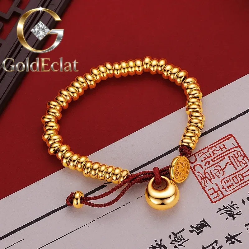 

GoldEclat 24K Real 9999 Gold Unisex Red Rope Bracelet with Smooth Gold Lump, Symbolizing Peace & Joy, Simple Design