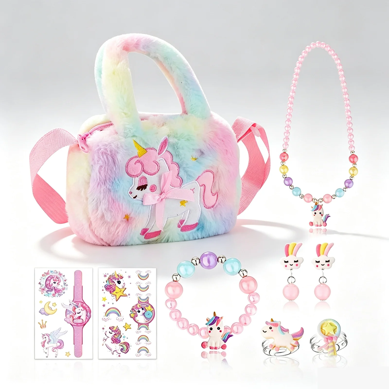 Unicorn Jewelry Set Unisex Portable Plush Bag Kids Plush Handbag Macaron Colored Kids Dress Up Bag For Holiday Gifting Primary
