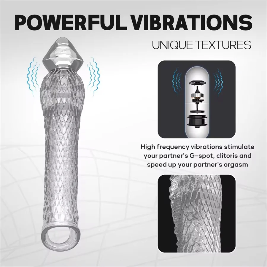 Penis Sleeve Vibrator Extension Condom Vibrating Penis Enlargement Cover Clits Massager Cock Ring Vibrators Sex Toys For Men