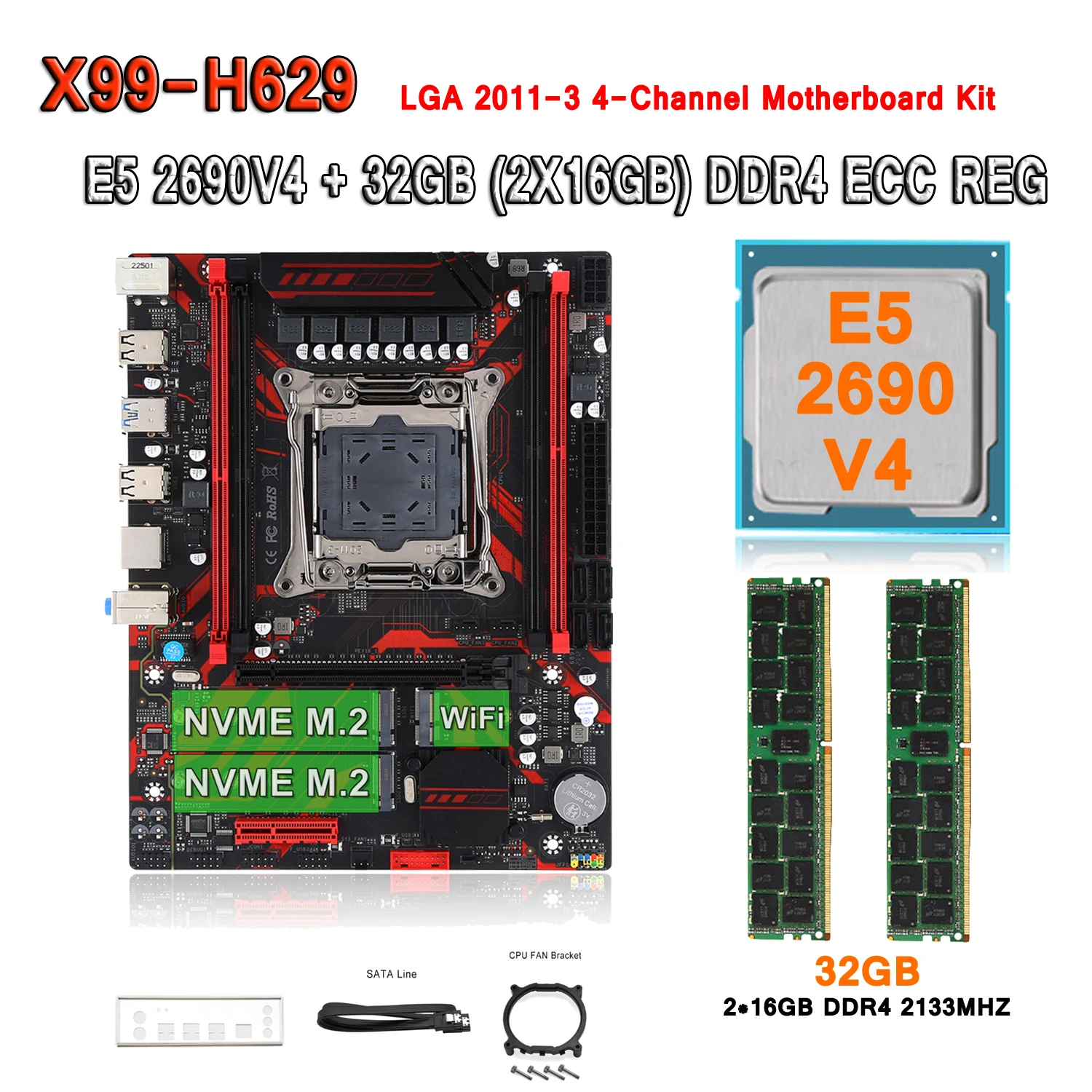 

X99 Kit Motherboard LGA2011-3 Set with E5 2690 V4 Processor 32GB (2*16GB) DDR4 2133Mhz Memory E5 2690V4 Four Channel Motherboard