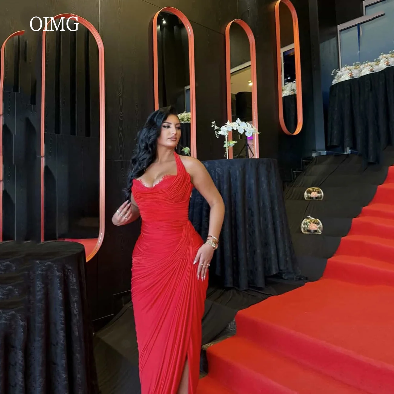 

OIMG Sexy Red Lace Halter Mermaid Prom Gowns Backless Party Gown Side Slit Floor Length Evening Dress платье Customized