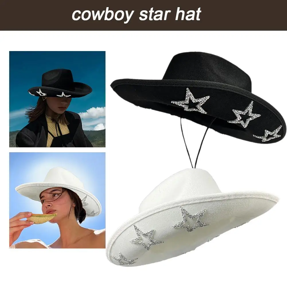 Retro Resin Diamonds Five-Pointed Star Western Big Denim Hat Cap High-quality Outdoor Jazz Hat Felt Sun Cowboy Unisex Brim W4K6