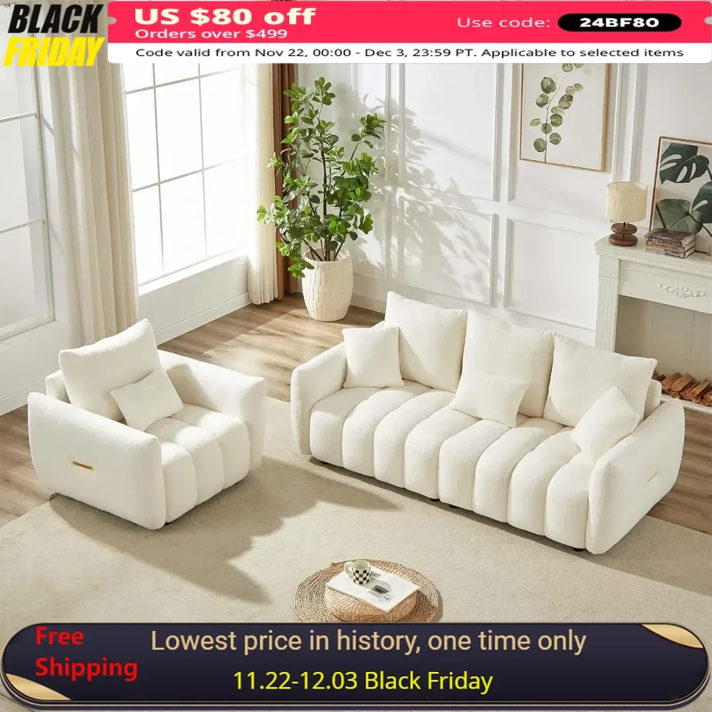 Sofa Set for Living Room, Modern Deep Seat Sofa Chair and Oversized 3-Seater Cloud Boucle Couch for Bedroom