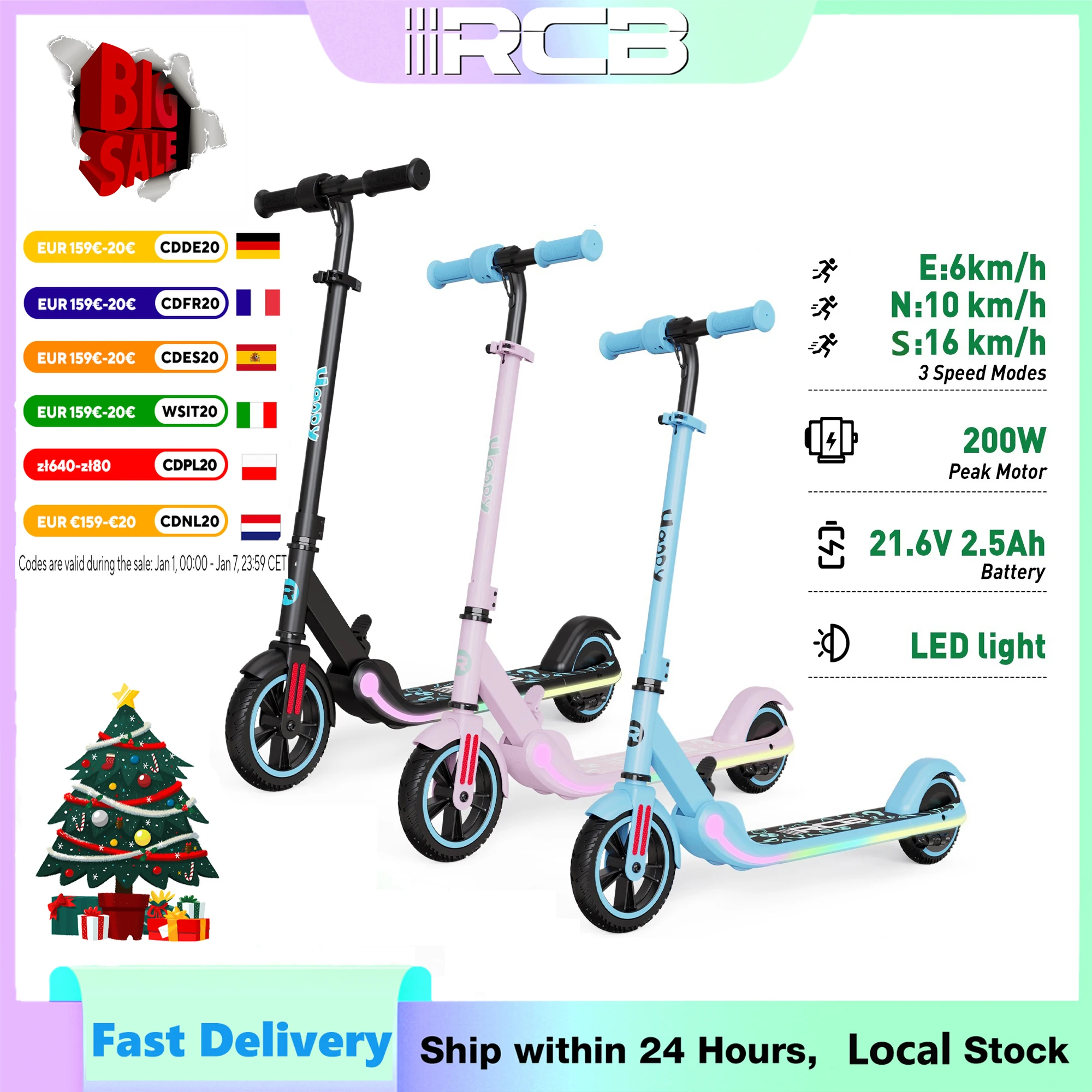 RCB Electric Scooter for Kids 6-12 year, 150W Motor - Max 16 km/h - Colorful LED Lights - Foldable - LED Display - Gift for Kids