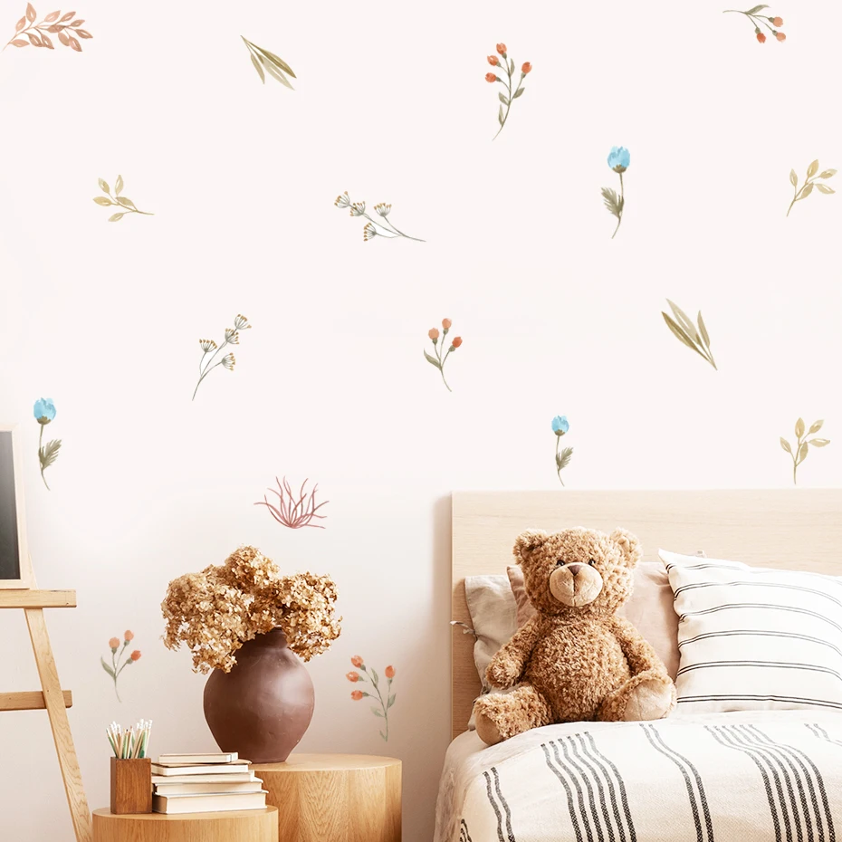 Pegatina de vinilo con diseño de hojas y hierbas para pared, adhesivo extraíble de estilo bohemio, con diseño de flores de campo, acuarela, para