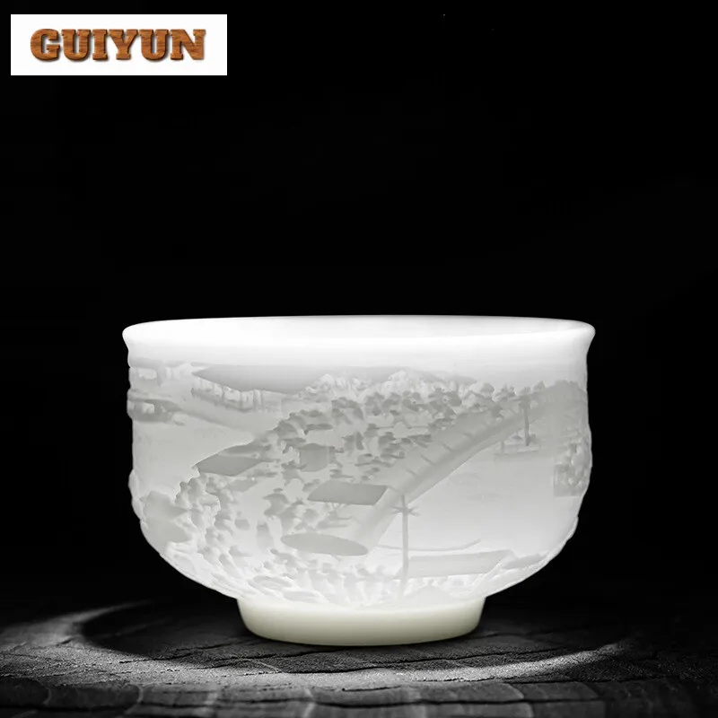 160ml High-endice Seed Sheep Fat Jade Teacup White Porcelain Master Cup Relief City of Cathay Tea Bowl Chazhan Kung Fu Teaware