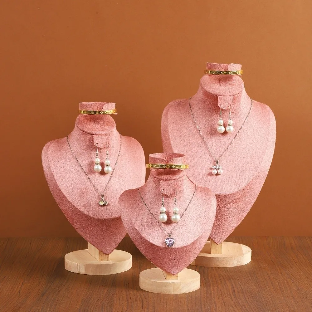 Solid Wood Jewelry Display Bust 3 In 1 Design Velvet Surface Necklace Mannequin Bust Human Neck Shape Pink Velvet Cover