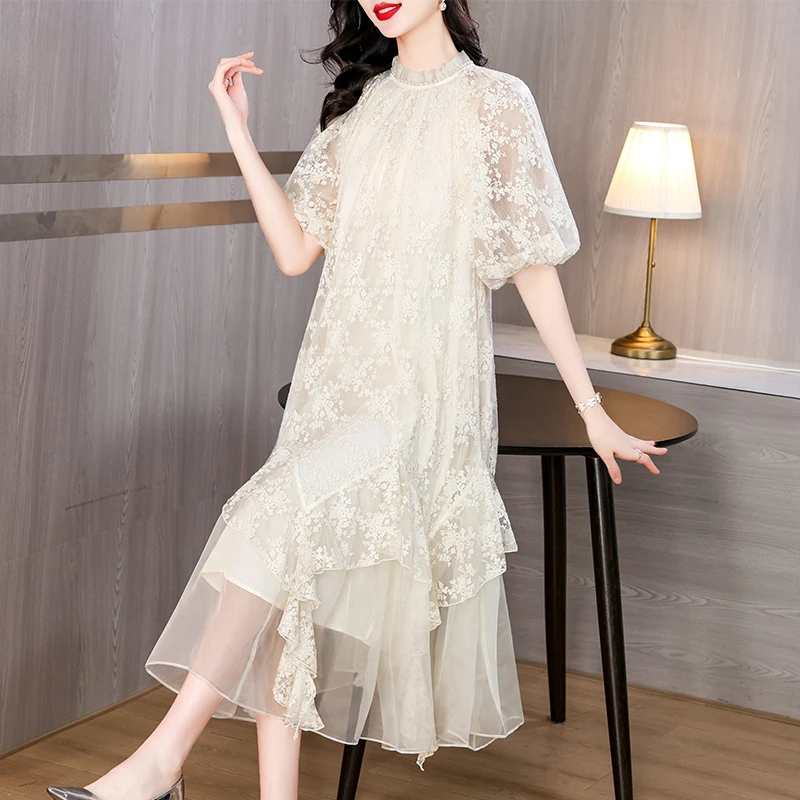 

2024 Summer New Silk Embroidered O-Neck Dress Women's Short Sleeves Loose Large Lace Spliced Knee Length A-line Long Dress