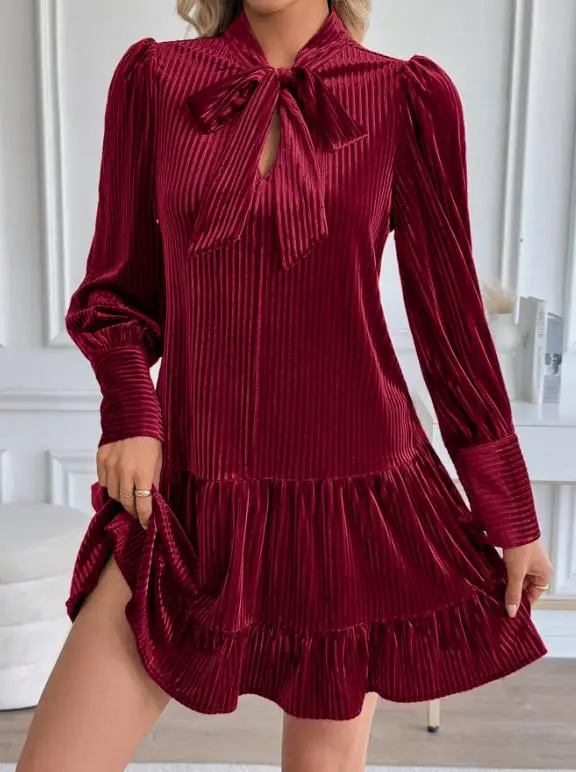 الخريف والشتاء جديد بلون جولة الرقبة الدانتيل يصل فستان سروال قصير الزخرفية لعيد الميلاد المرأة فستان أنيق بأكمام طويلة #2