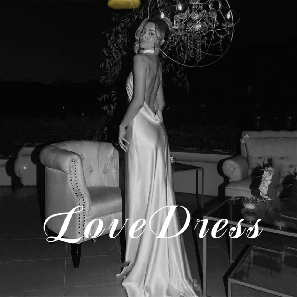 Customized Love Sexy Halter Soft Stain Meimaid Open Back Wedding Dress Simple Floor Length Sleeveless High Neck Robe de mariée