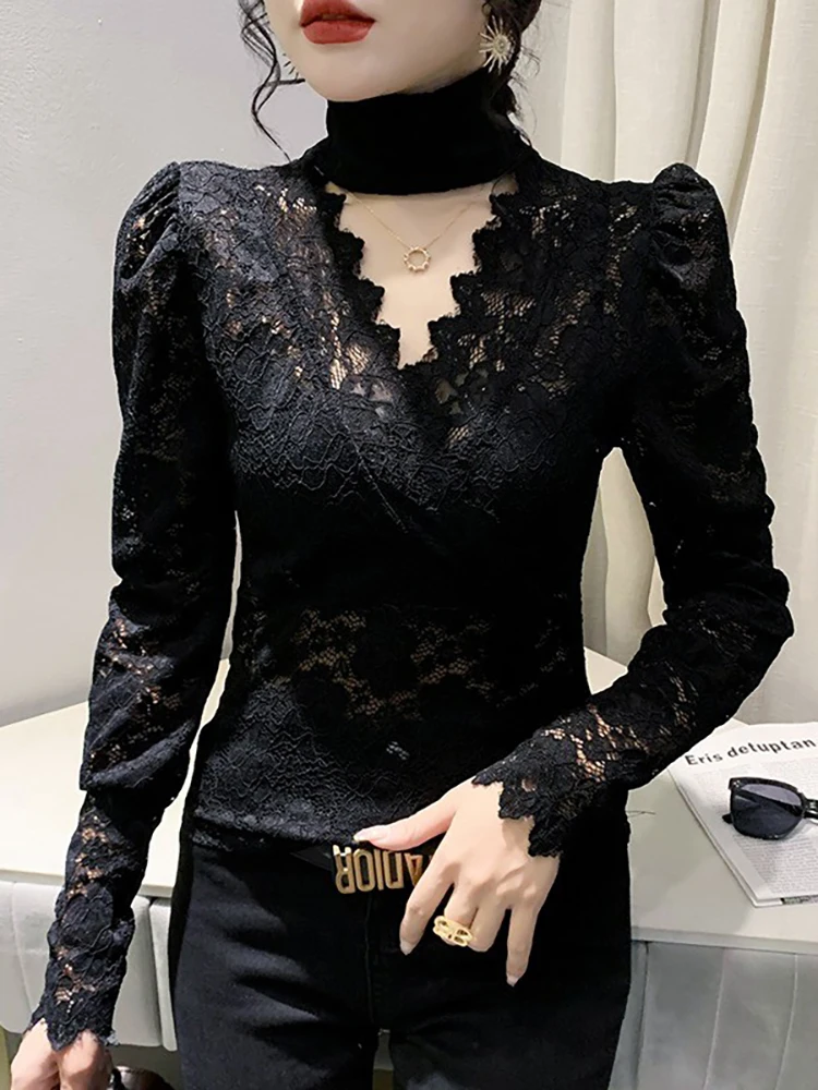 Autumn Spring Halter V Neck Lace T-shirt Women Full Puff Sleeve Stretch Hollow Out Cropped T Shirts Tops For Female BH1813