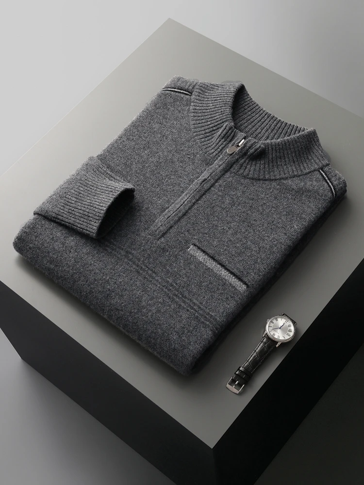 

ANGEL Autumn Winter Men's Zipper Mock Neck Wool Sweater Smart Casual Pullovers 100% Merino Wool Knitwear Basic Soft Clothing