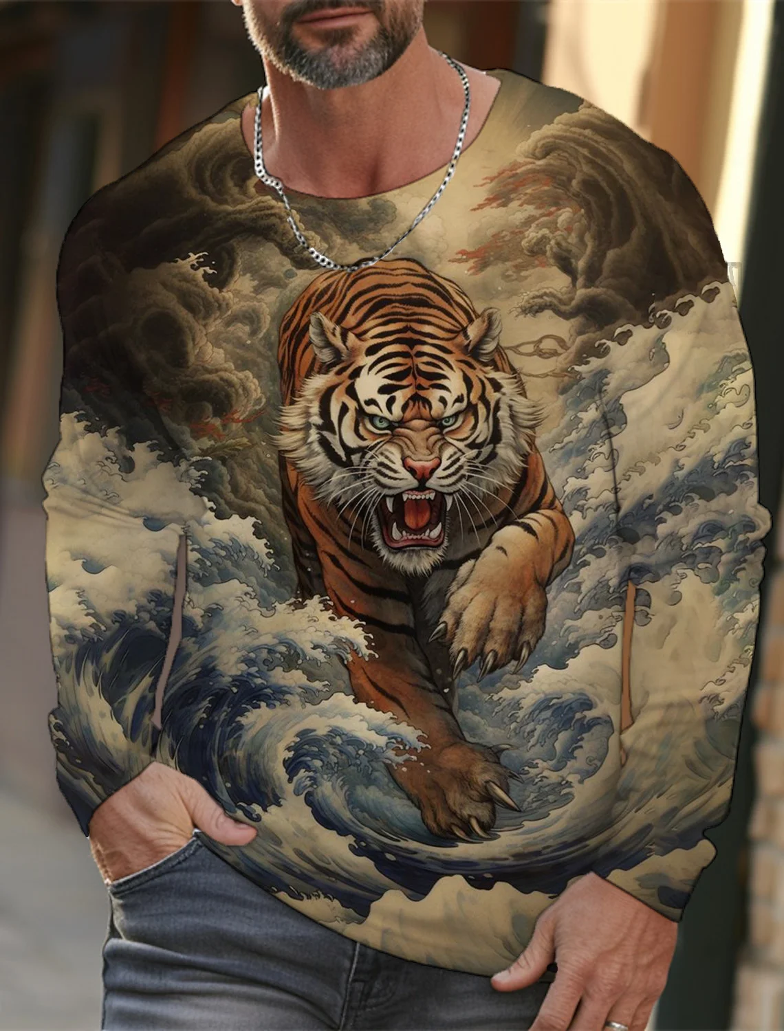 Ukiyoe Style Wave Tiger Graphic Men's Long Sleeve T-shirts 3D Print O-Neck T shirt Fashion Casual Sports Tops Loose Men Clothing