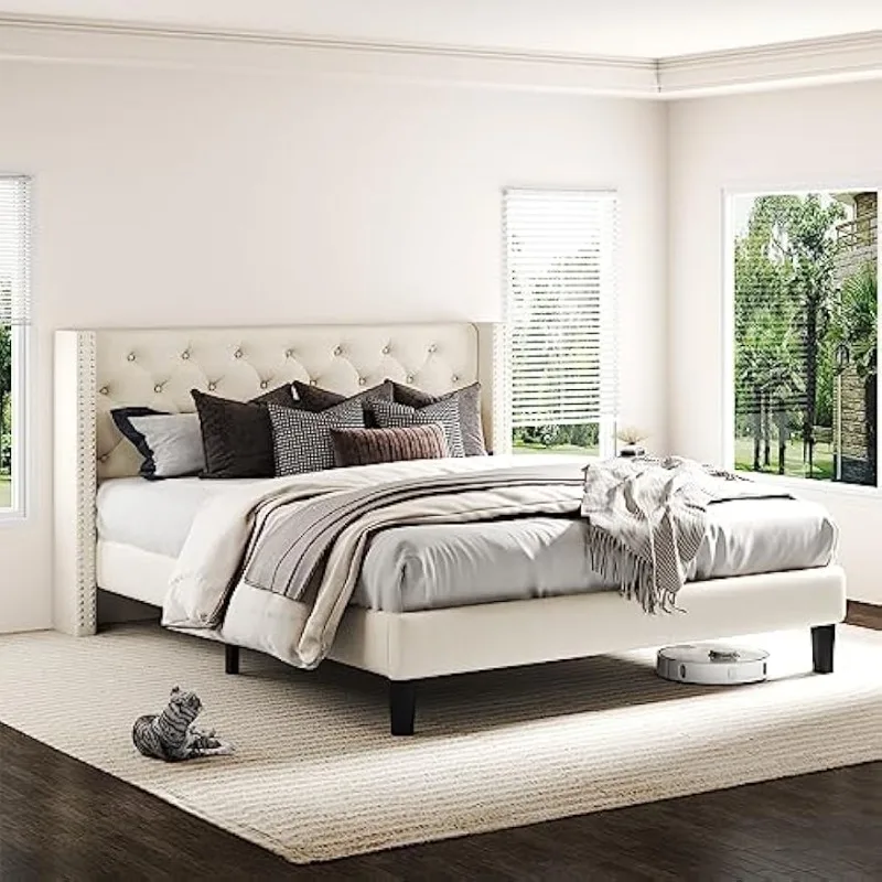 

home. Каркас кровати King Size с мягким изголовьем Wingback, бежевый каркас кровати на платформе с изголовьем с ромбовидной пуговицей и тафтингом, St