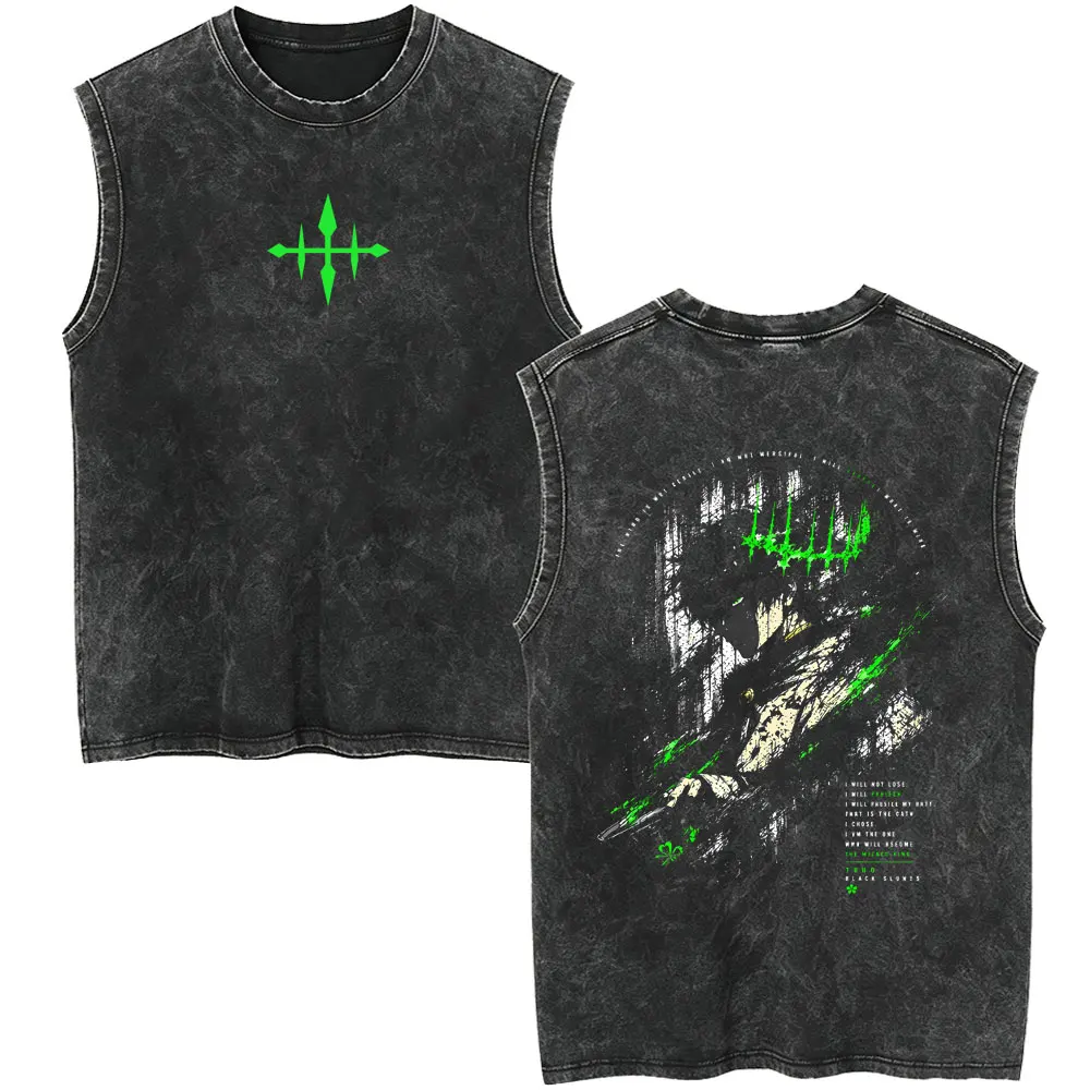 Anime Black Clover Asta I Am Not Done Yet Merch Vintage Washed Tank Tops Men Women Oversized Sleeveless Vest Male Manga T-shirt
