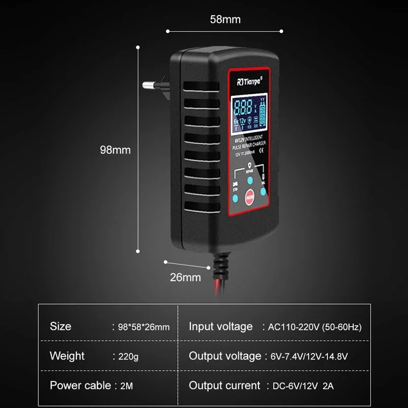 6V 12V 2A Smart Battery Charger for Car Automatic Float Charger Motorcycle Lawn Mower Tractor Lead-acid AGM GEL Toy Battery