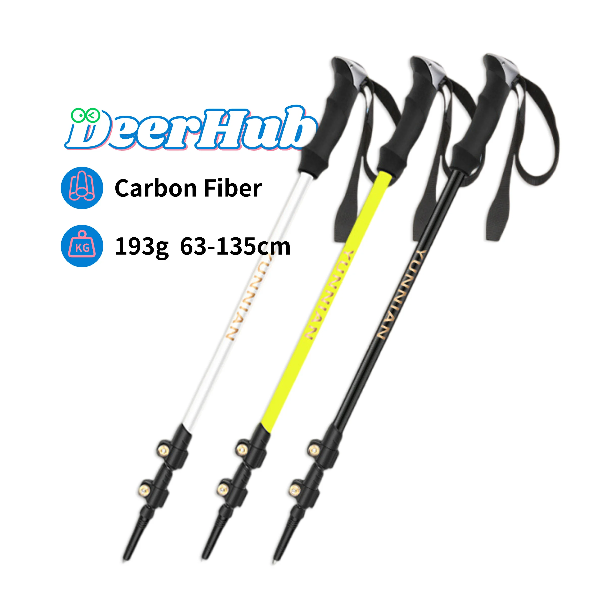 

DeerHub Carbon Fiber Trekking Poles 193g Ultra-Light Adjustable 63-135cm Foldable with Tungsten Tip for Hiking Backpacking Multi
