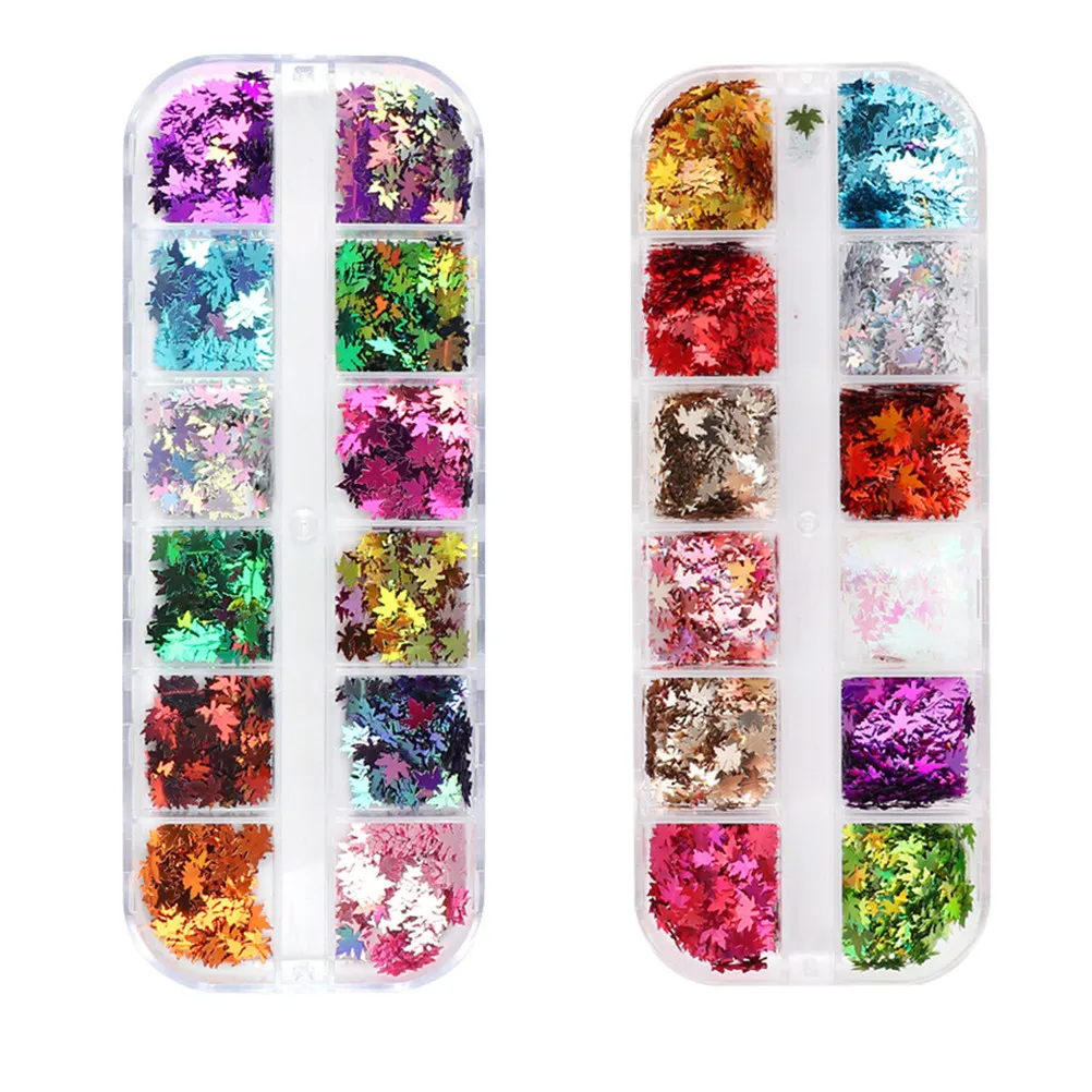 

2 коробки блесток для ногтей в форме кленового листа, блестящие наклейки для маникюра, для натуральных и искусственных ногтей, легкие, портативные, красивые, уникальные