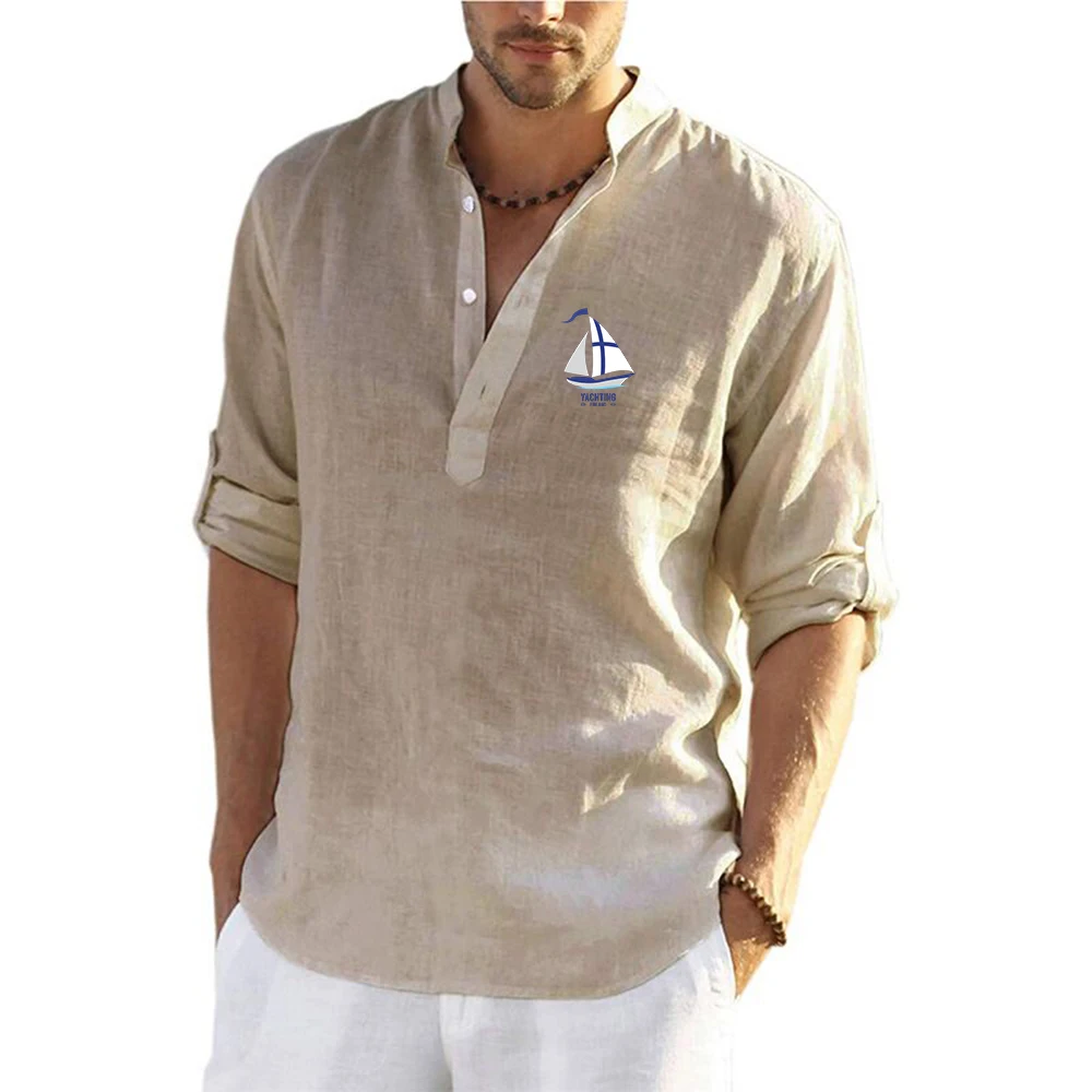 Finland Yachting Graphic Cotton Linen Shirt for Men Henley Neck Solid Color Lightweight Breathable Slim Fit Single Breasted