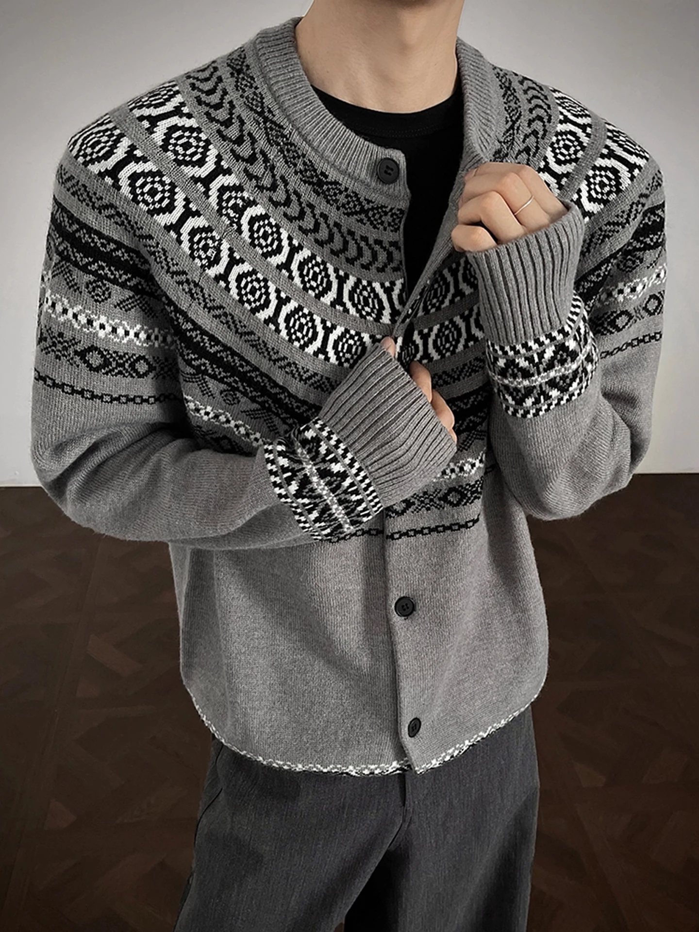 

Теплый повседневный мужской вязаный кардиган с цветочным узором, осенне-зимний, в американском стиле, для отдыха и досуга, верхняя одежда для мужчин