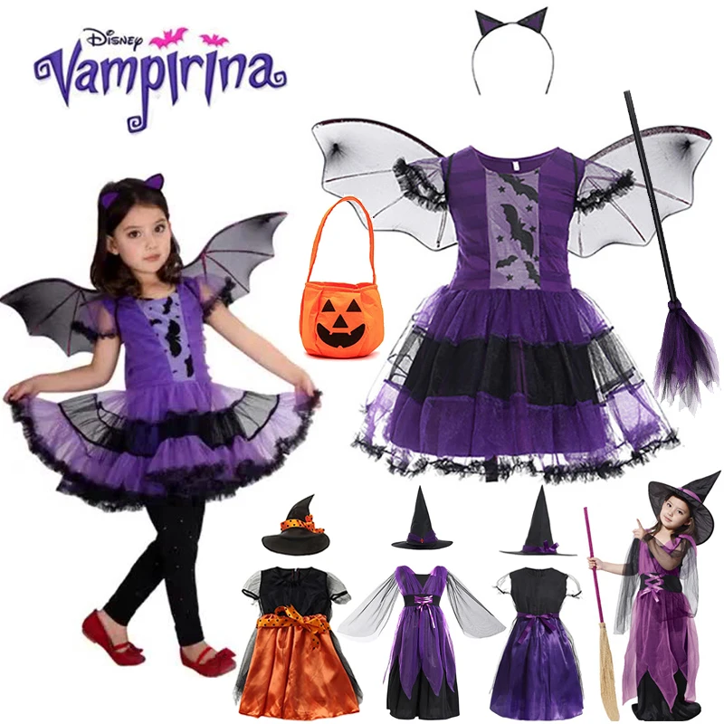 Halloween Witch Vampire Baby Girls Costume Children Cosplay Princess Dresses Dress Up Carnival Party Clothing With Headband Wing