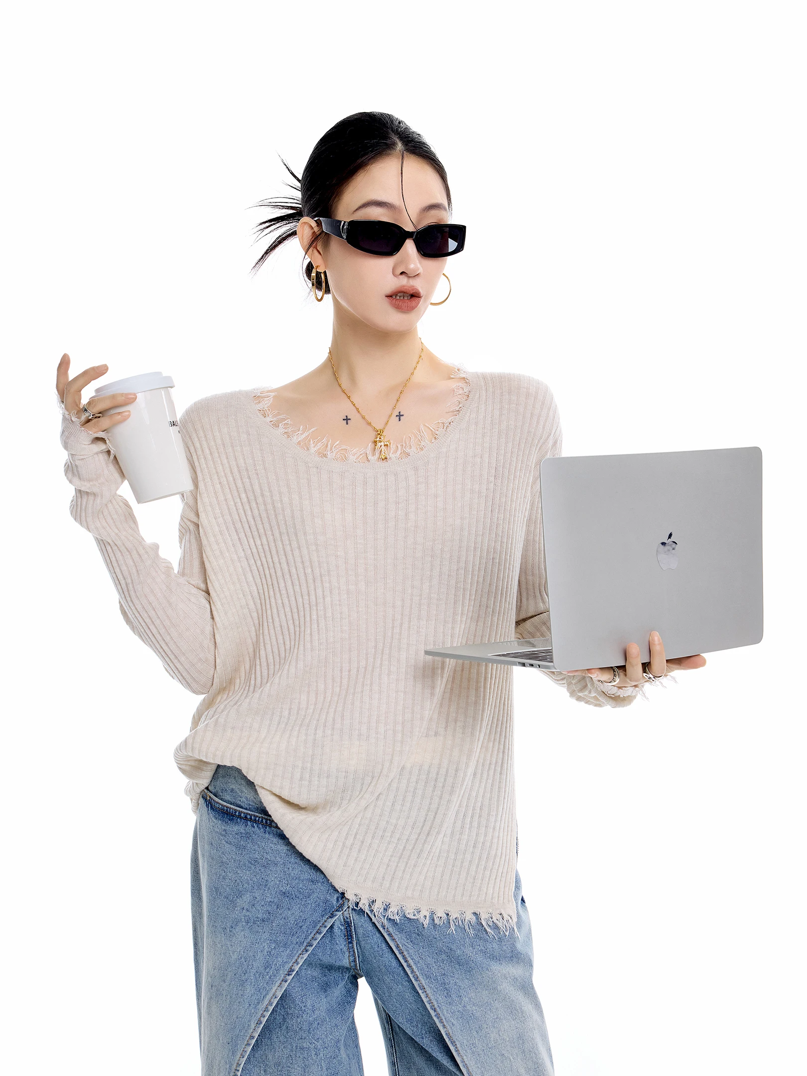

Ichmode American Sle Loose Women's Knitted Sweater Spring New Arrival Casual Inner Wear Top with Frayed