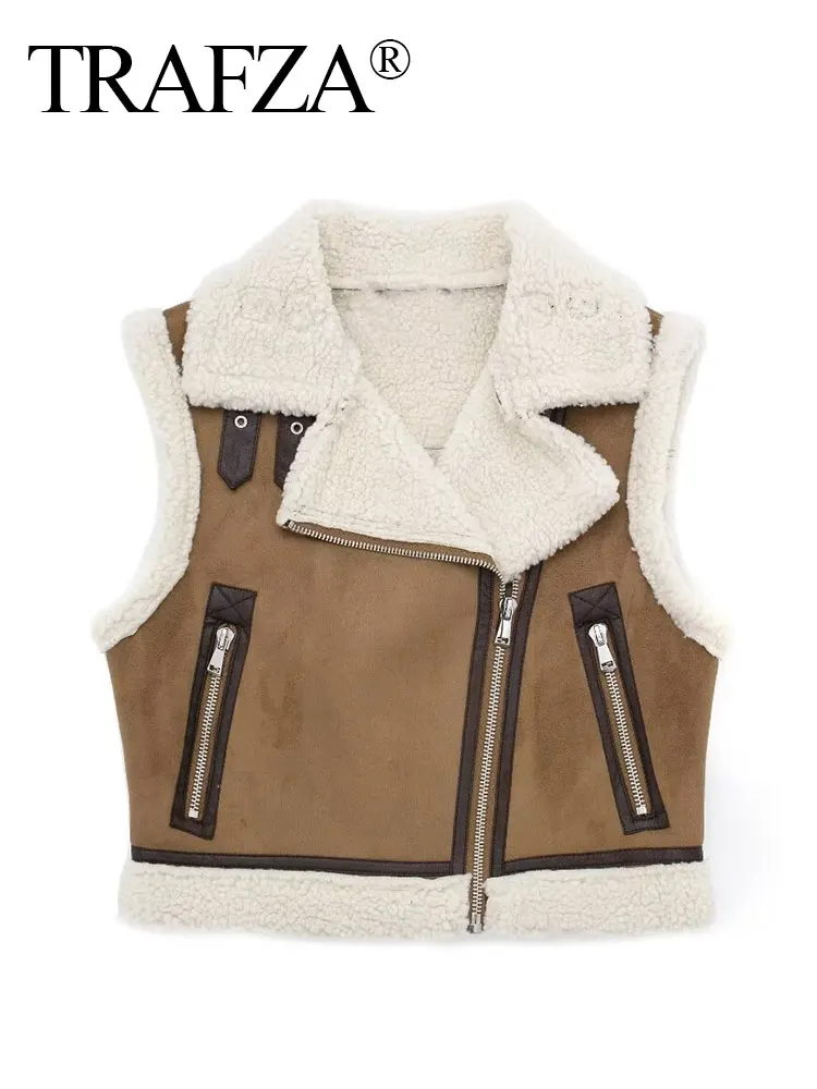 TRAFZA Winter Women Fashion Plus Velvet Vest Khaki Lapel Zipper Fly Cardigan Coat Female Pockets Wild Basic Woman Waistcoat Top