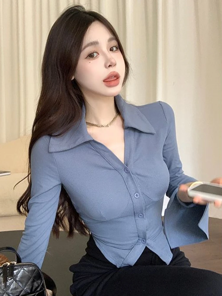 Flare Sleeve Shirts Women 5 Colors Crop Tops Hotsweet Slim Chic Spring All-match Streetwear Fashion Tender Korean Style Simple