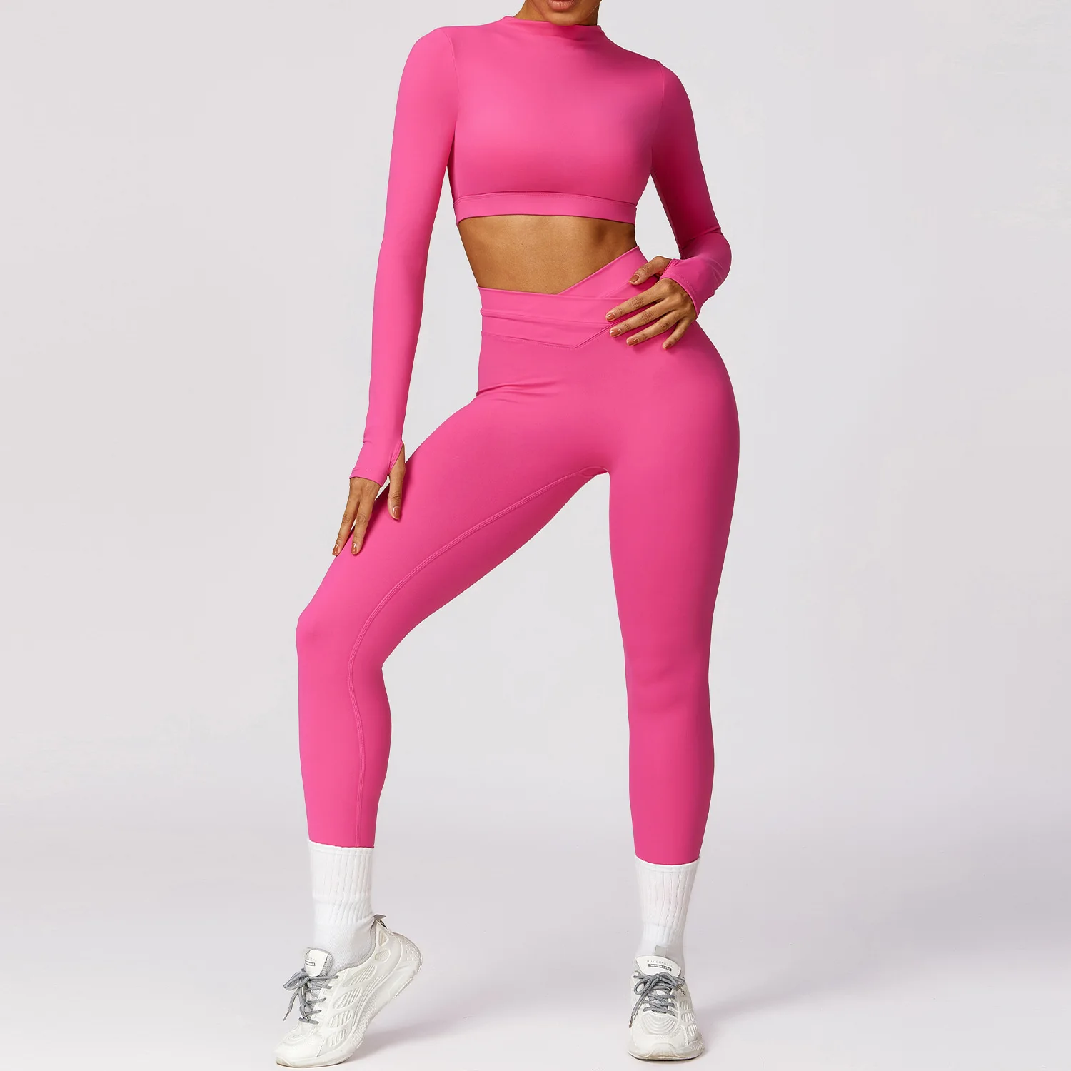 2 Pieces Women Tracksuits Yoga Set Workout Sportswear Gym Clothing Fitness Long Sleeve Crop Top High Waist Leggings Sports Suits