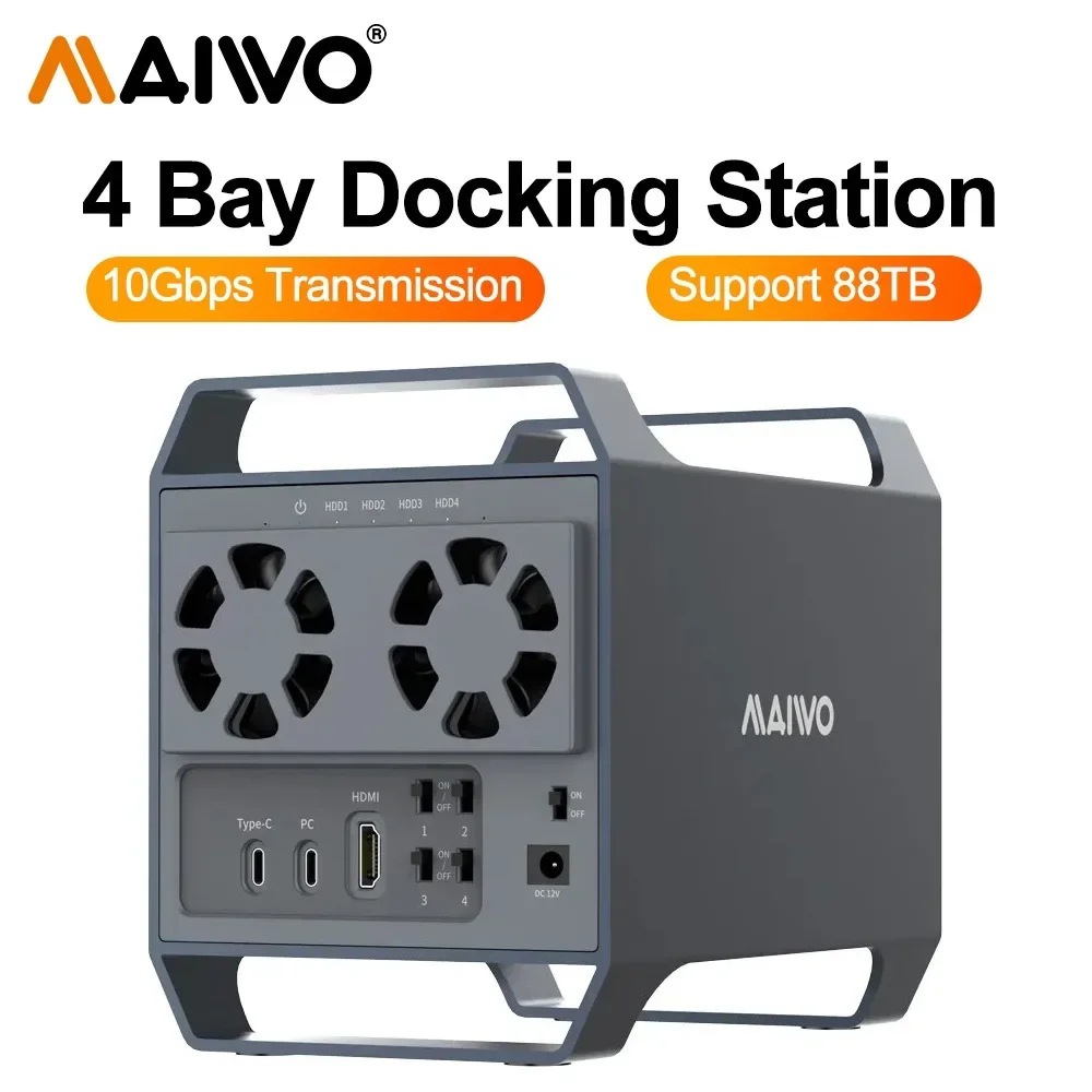 MAIWO 4 Bay Aluminium 3.5‘’ HDD SATA RAID Storage Enclosure 10Gbps 3.5 Inch Hard Drive Docking Station USB Type-C Gen2 with HDMI