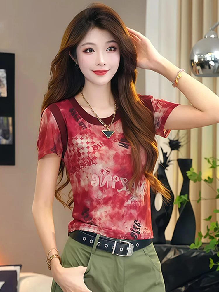 Ele round Ne ort Sve T-irt レディース Sle 2026 夏新作 ular スリミング プリント トップス 韓国 Sle 通勤