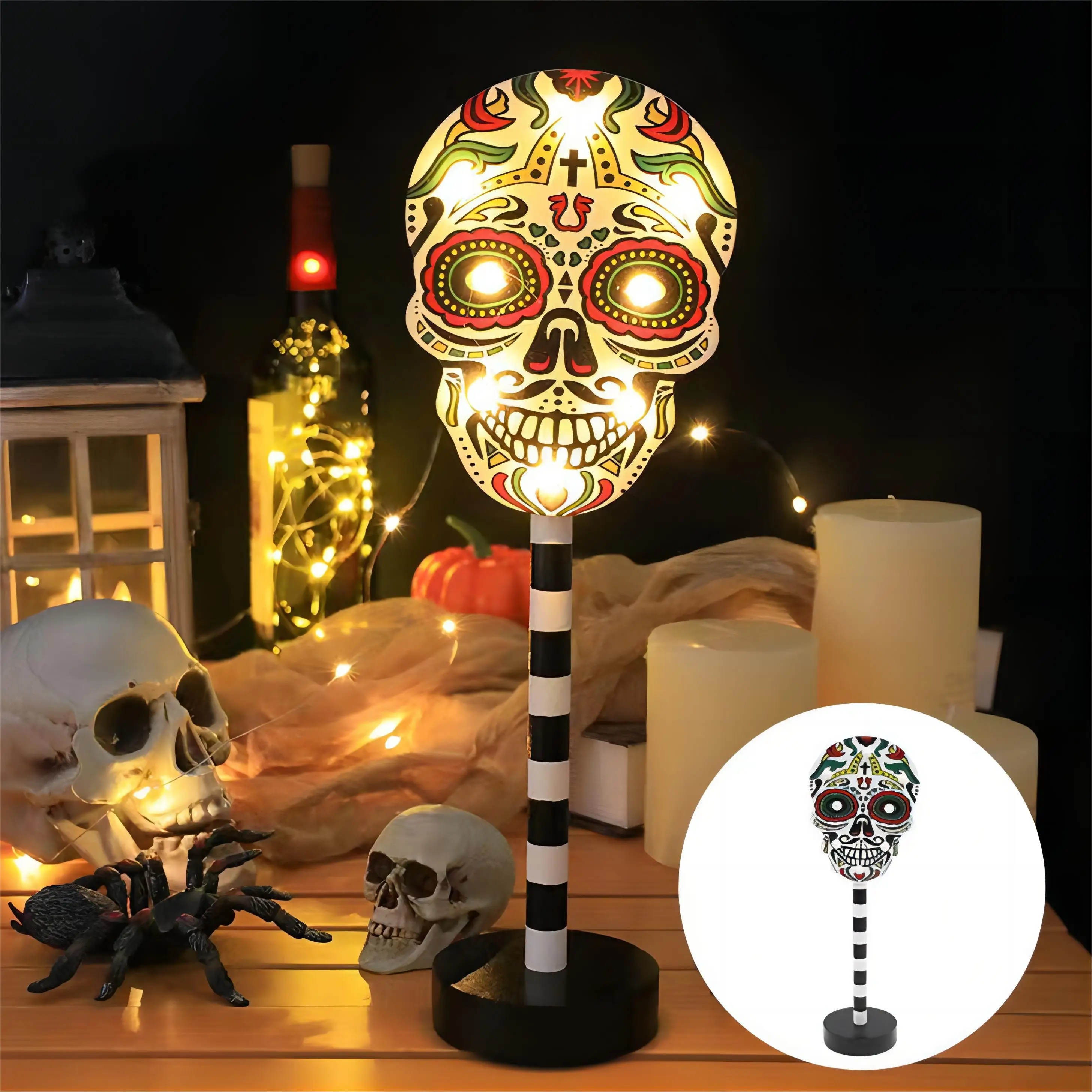 Decorazione da tavolo di Halloween, scheletro fantasma di zucca e luci a LED in legno di pipistrello, Halloween a batteria