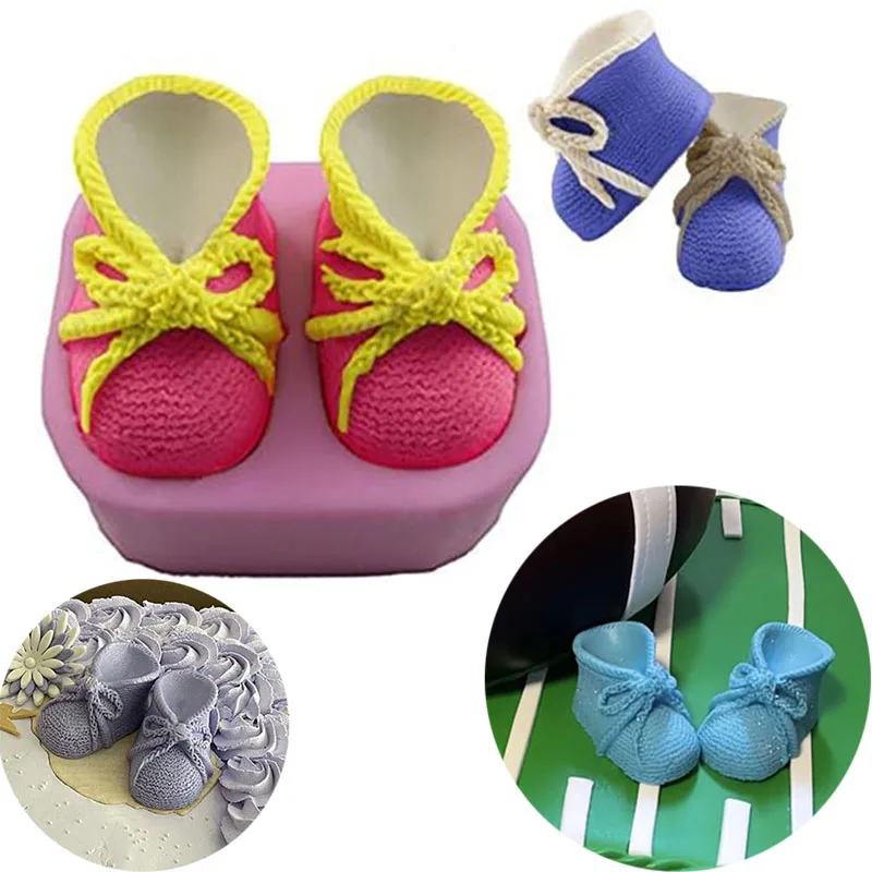 Zapatos de punto 3D, moldes de silicona para Fondant para Baby Shower, botín, vela, jabón, decoración de pasteles, pasta de goma, accesorios de cocina artesanales