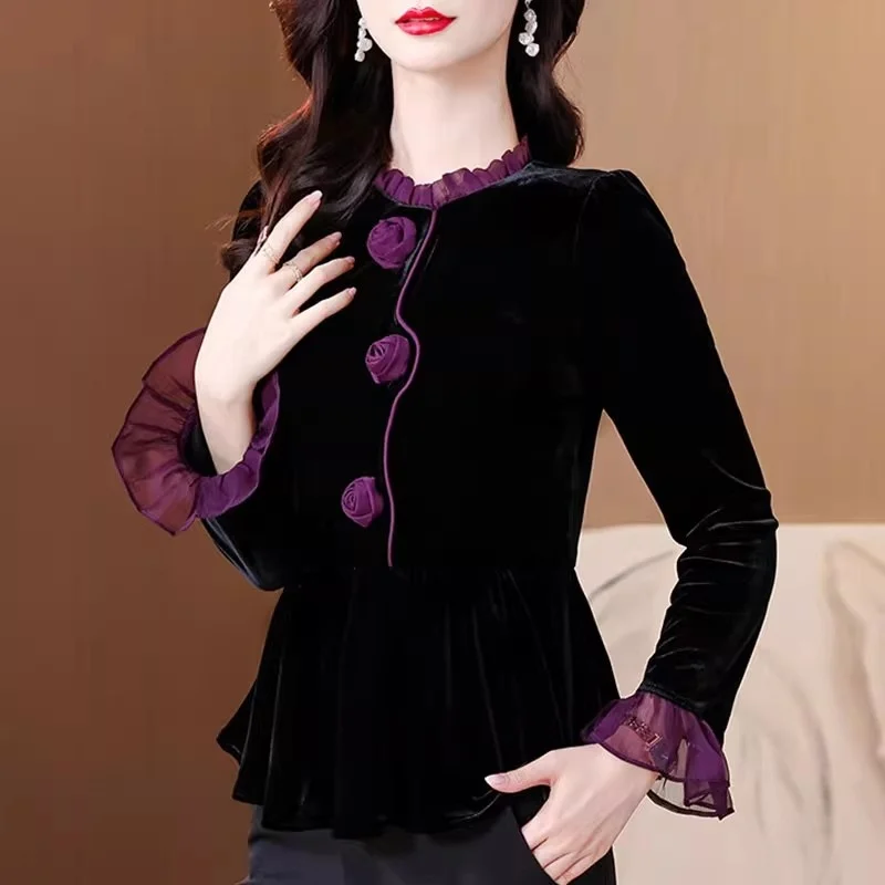 الراقية الذهب المخملية قميص مزاجه أمي بلوزة لخريف وشتاء ، المرأة الأنيقة كبيرة الحجم سليم صالح الأعلى w1656 #2