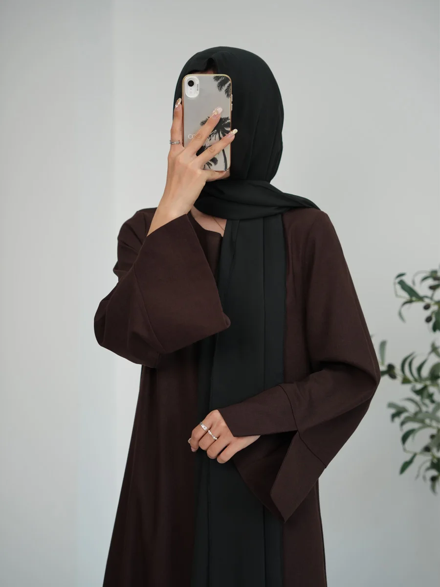 Abaya fermée en lin pour femme, manches fendues, robe caftan adt avec hijab, Eid Ramadan, 2024