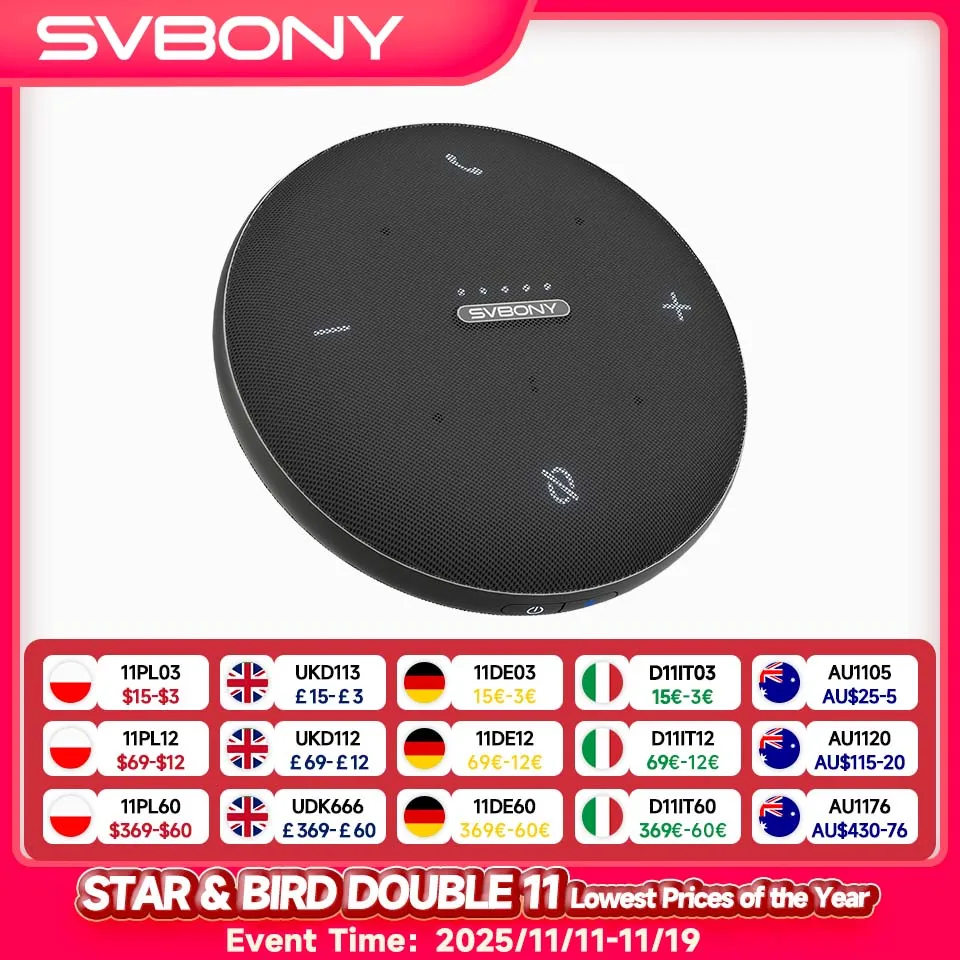 

Svbony SVHub Omni2 Omni-directional Microphone Bidirectional AI Noise Reduction Intelligent Transcription for Office Meeting