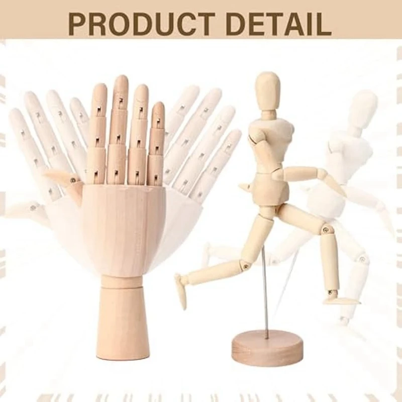 AS96-6Pack عارضة أزياء خشبية للفنان، 4.5/5.5/8/12 بوصة رسم نموذج لجسم نموذج اليد الخشبية 7 بوصة نموذج اليد اليسرى واليمنى