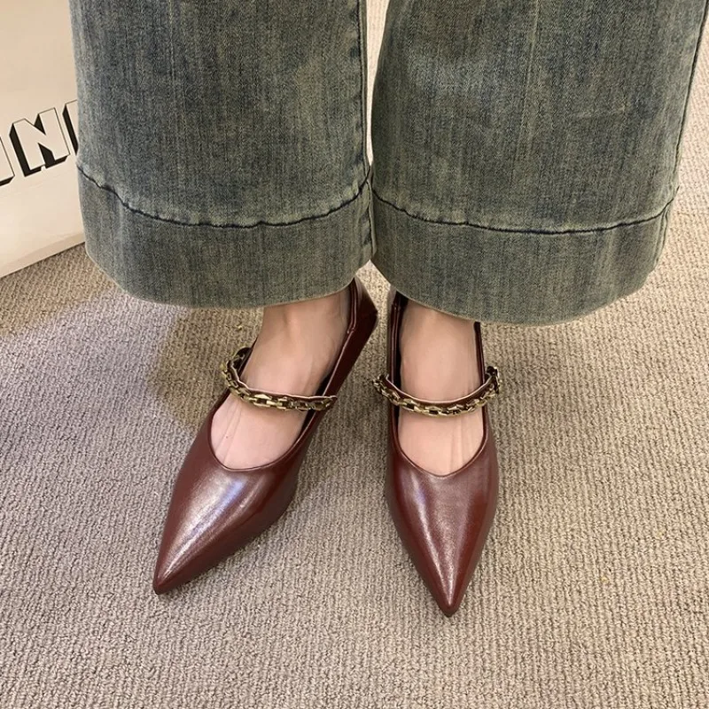 

Retro French Single Shoes Women's New Autumn Thick Heel Pointed Toe Slip-On Flat Laced Shoes